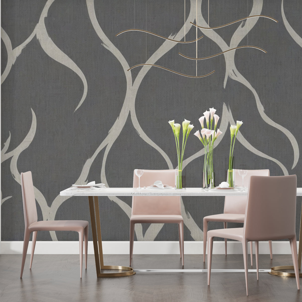 Grey wave pattern mural in a contemporary bedroom setting