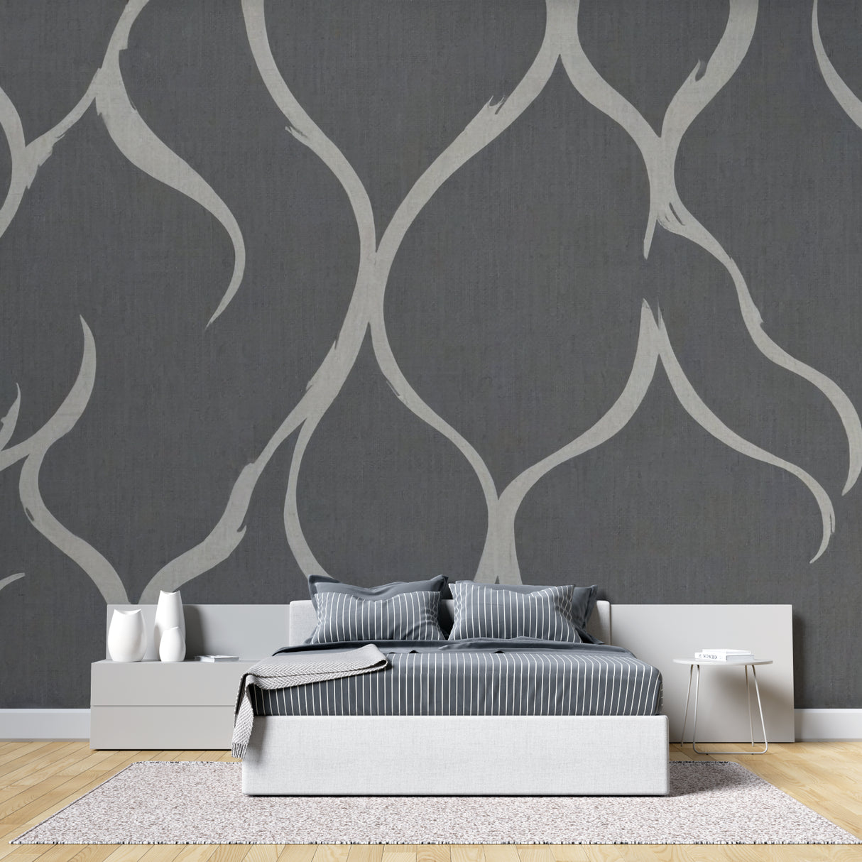 Modern geometric wallpaper adding depth to a dining room wall