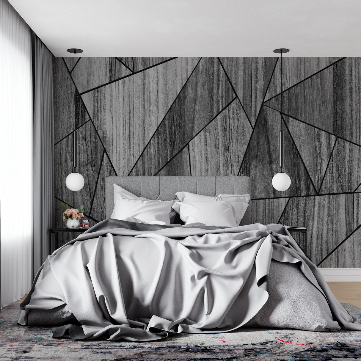 Modern geometric wood wallpaper in minimalist living room with grey sofa and natural lighting