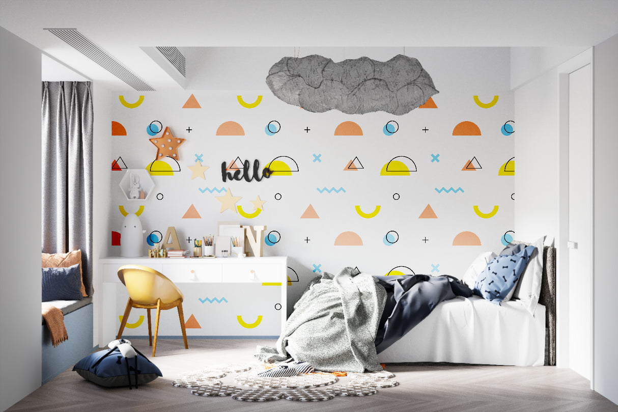 Geometric pattern wallpaper bringing life to a modern kids playroom with orange and blue shapes
