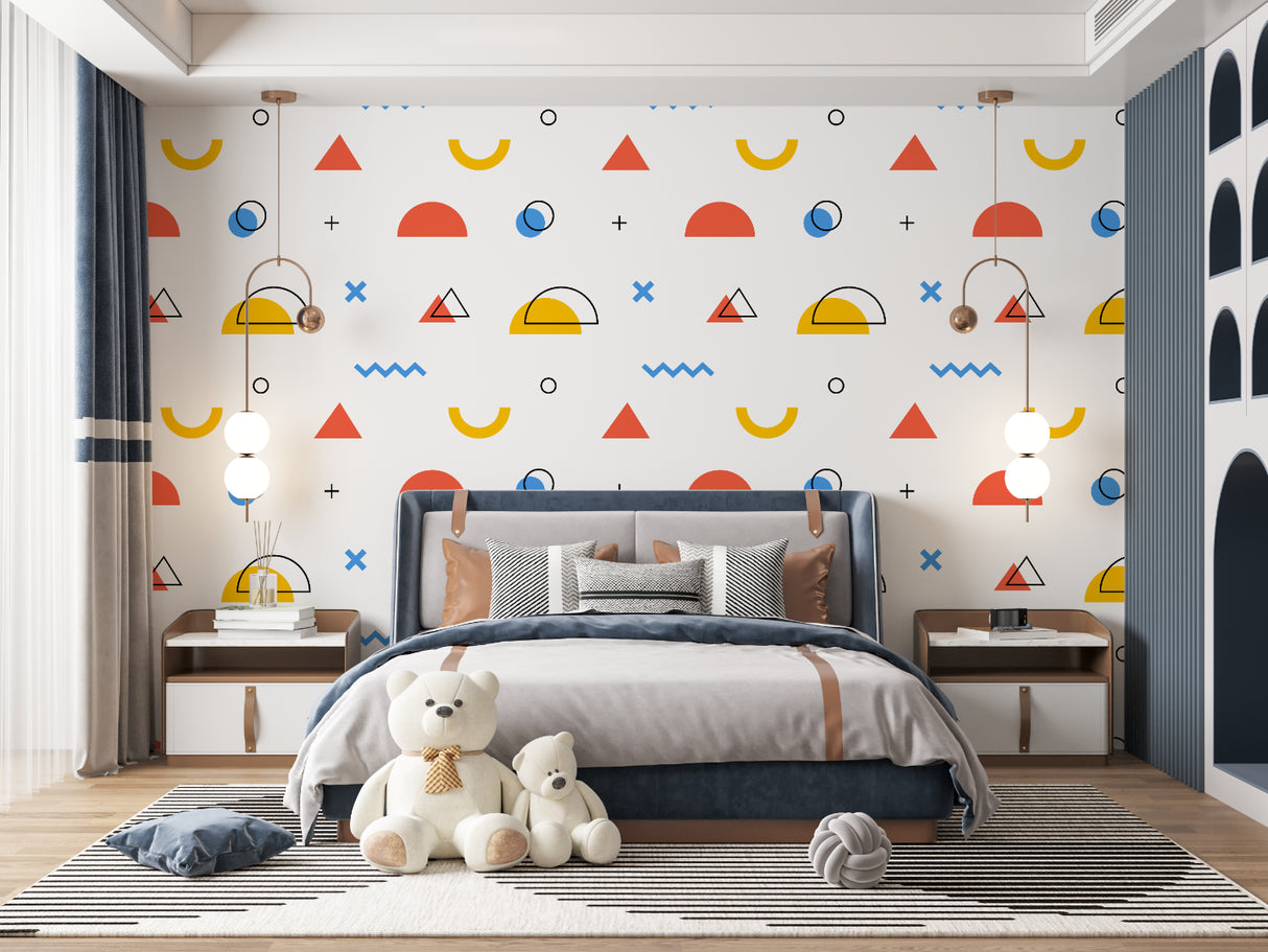 Modern kids bedroom featuring geometric wallpaper with playful shapes