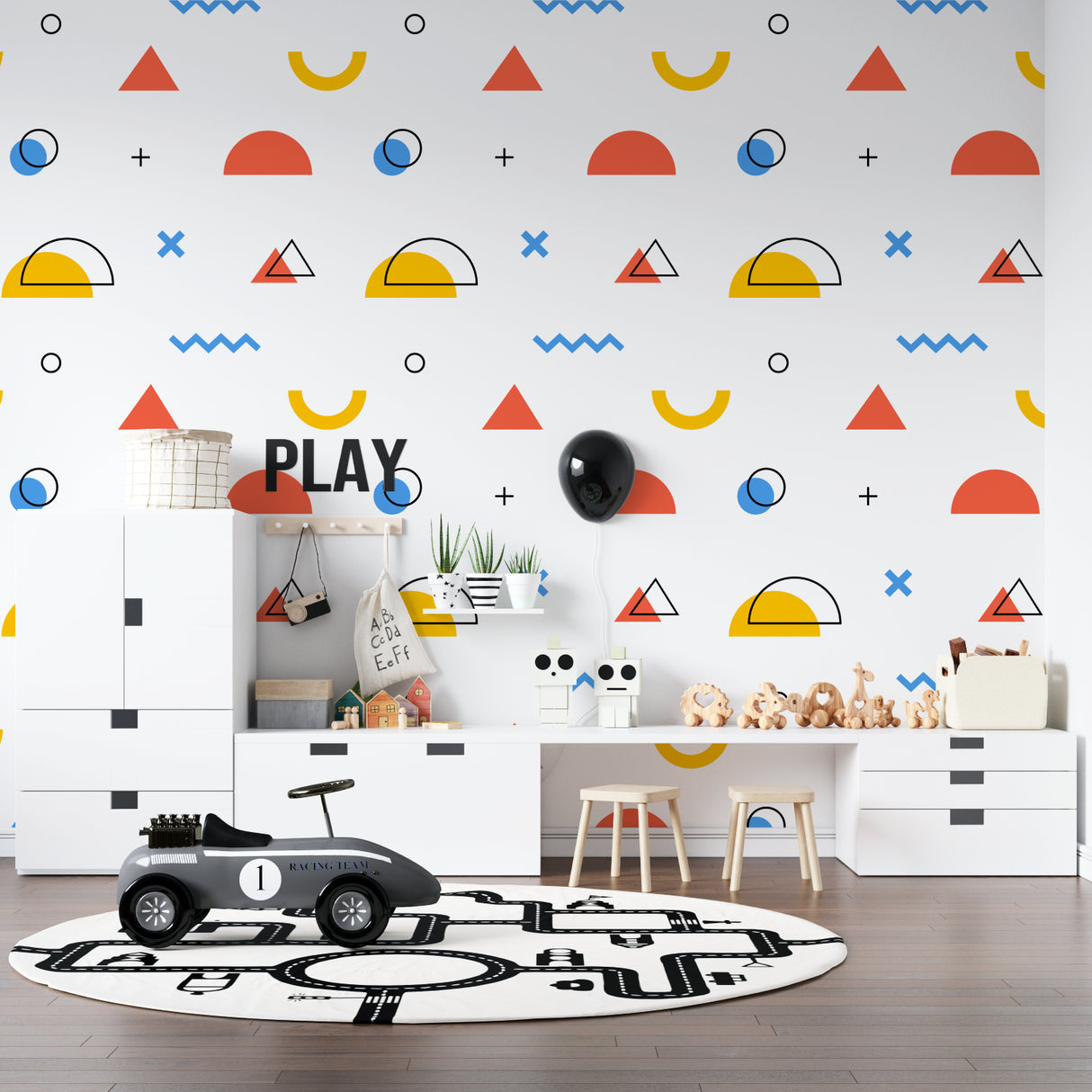 Orange and blue geometric pattern wallpaper in a reading nook