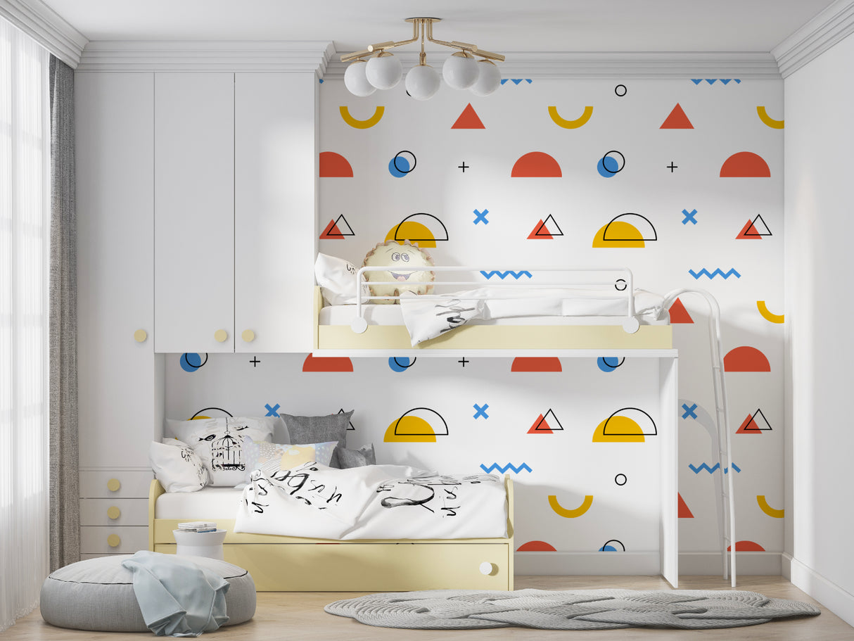 Contemporary nursery with geometric pattern wallpaper in orange and blue tones