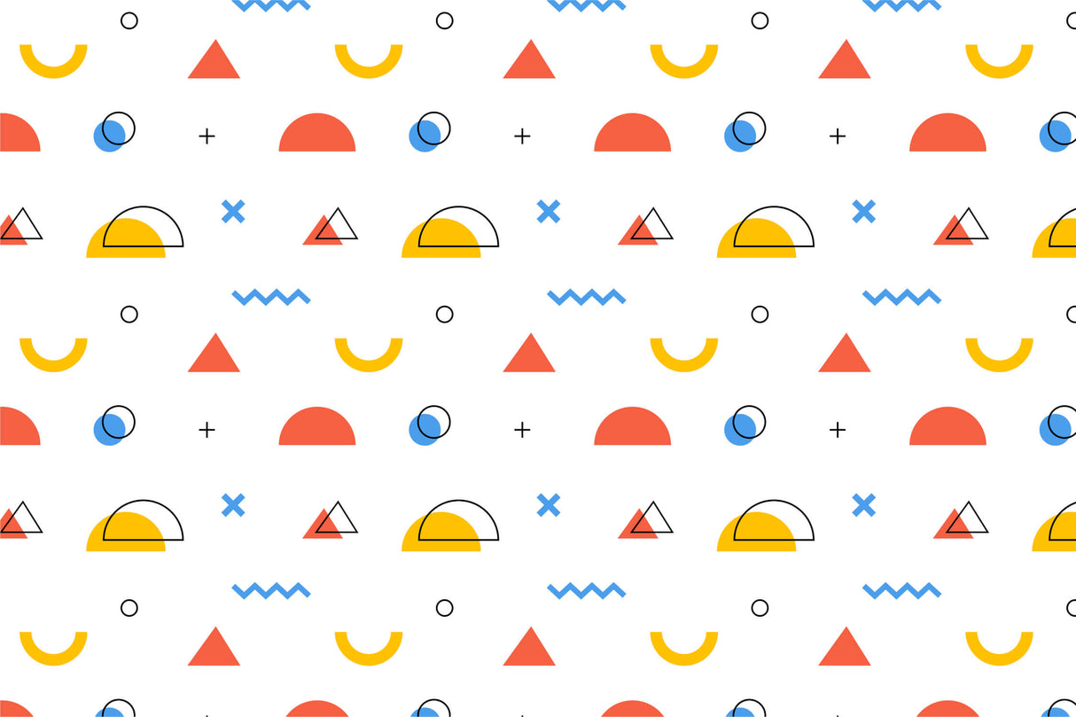 Design file showing repeating geometric pattern with orange and blue shapes on white background