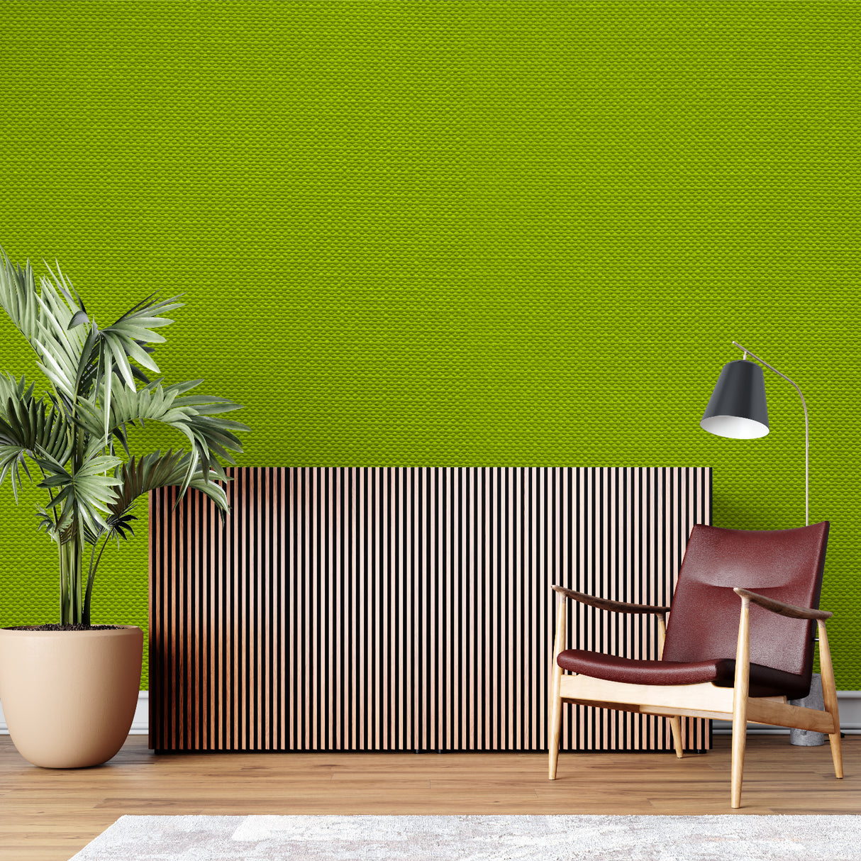 Modern geometric lime green wallpaper in a bright contemporary office space with white furniture