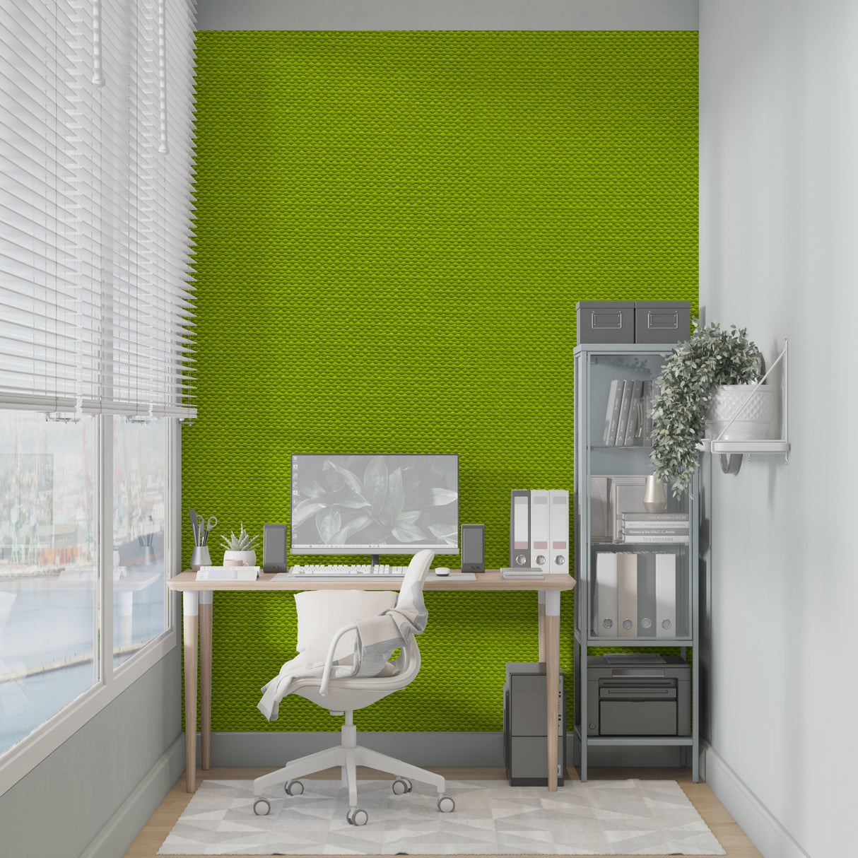 Geometric green pattern wallpaper creating depth in a minimalist living room setting
