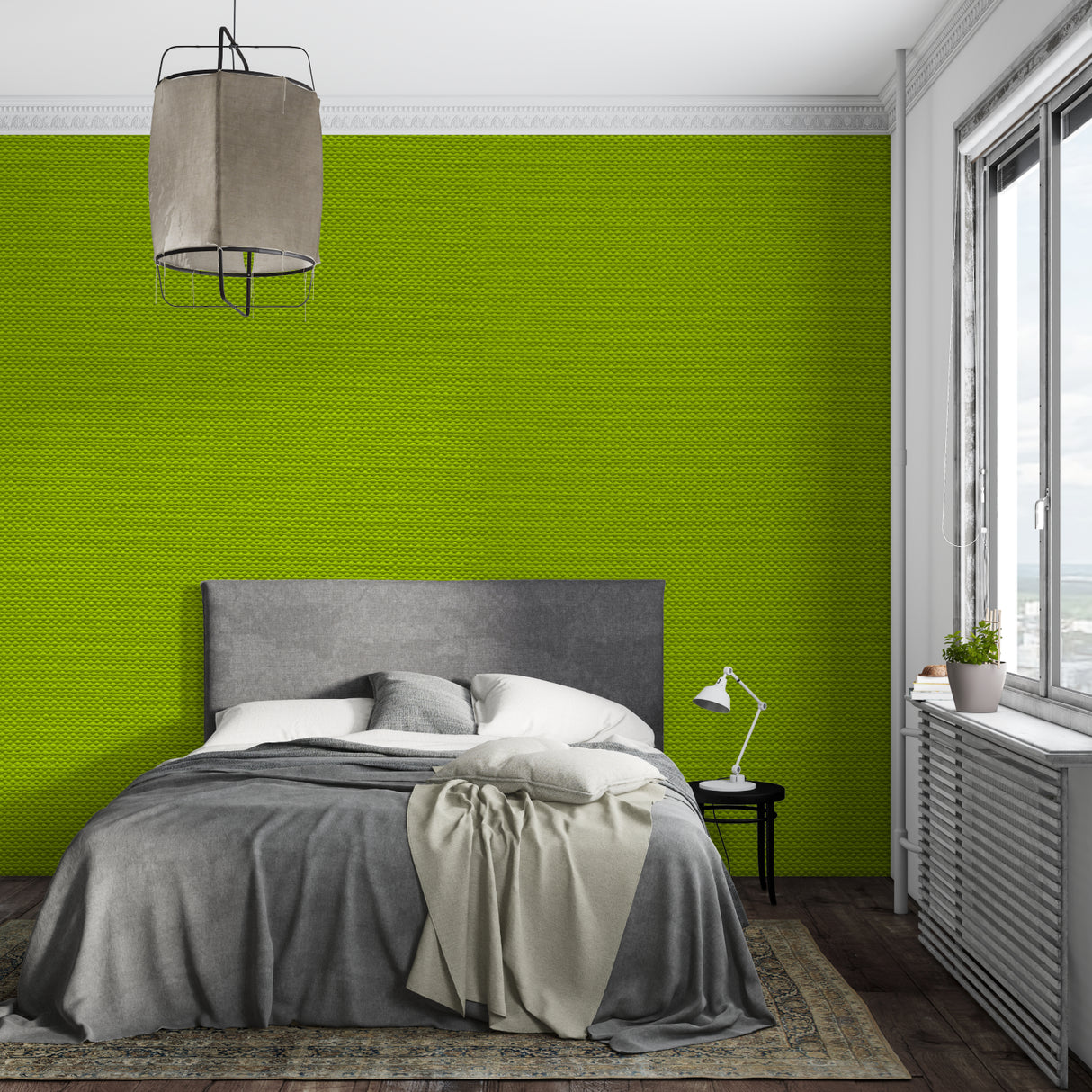 Fresh lime green geometric wallpaper in a modern dining room with natural light