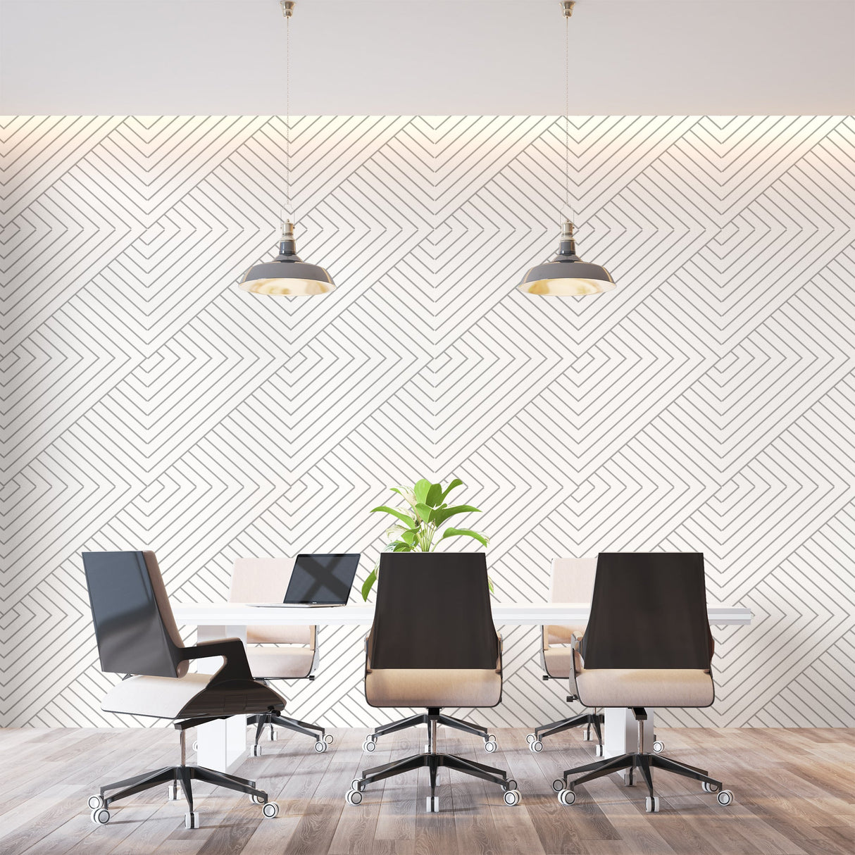 Geometric line pattern wallpaper in contemporary home office creating professional atmosphere