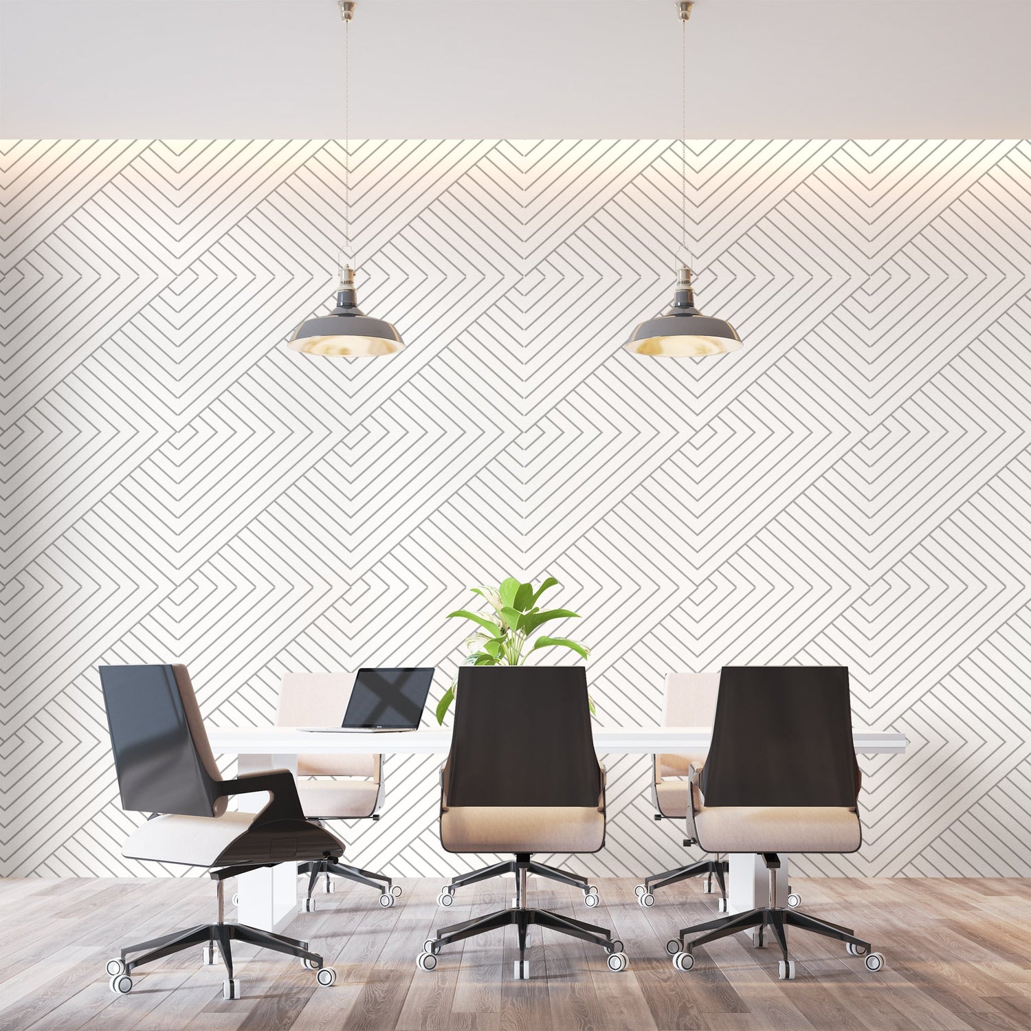 Geometric line pattern wallpaper in contemporary home office creating professional atmosphere