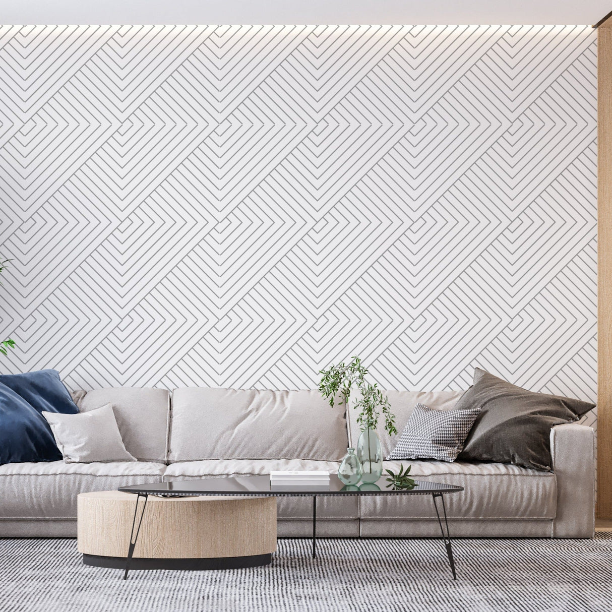 Modern line art wallpaper featured in sleek dining room with silver-gray geometric design