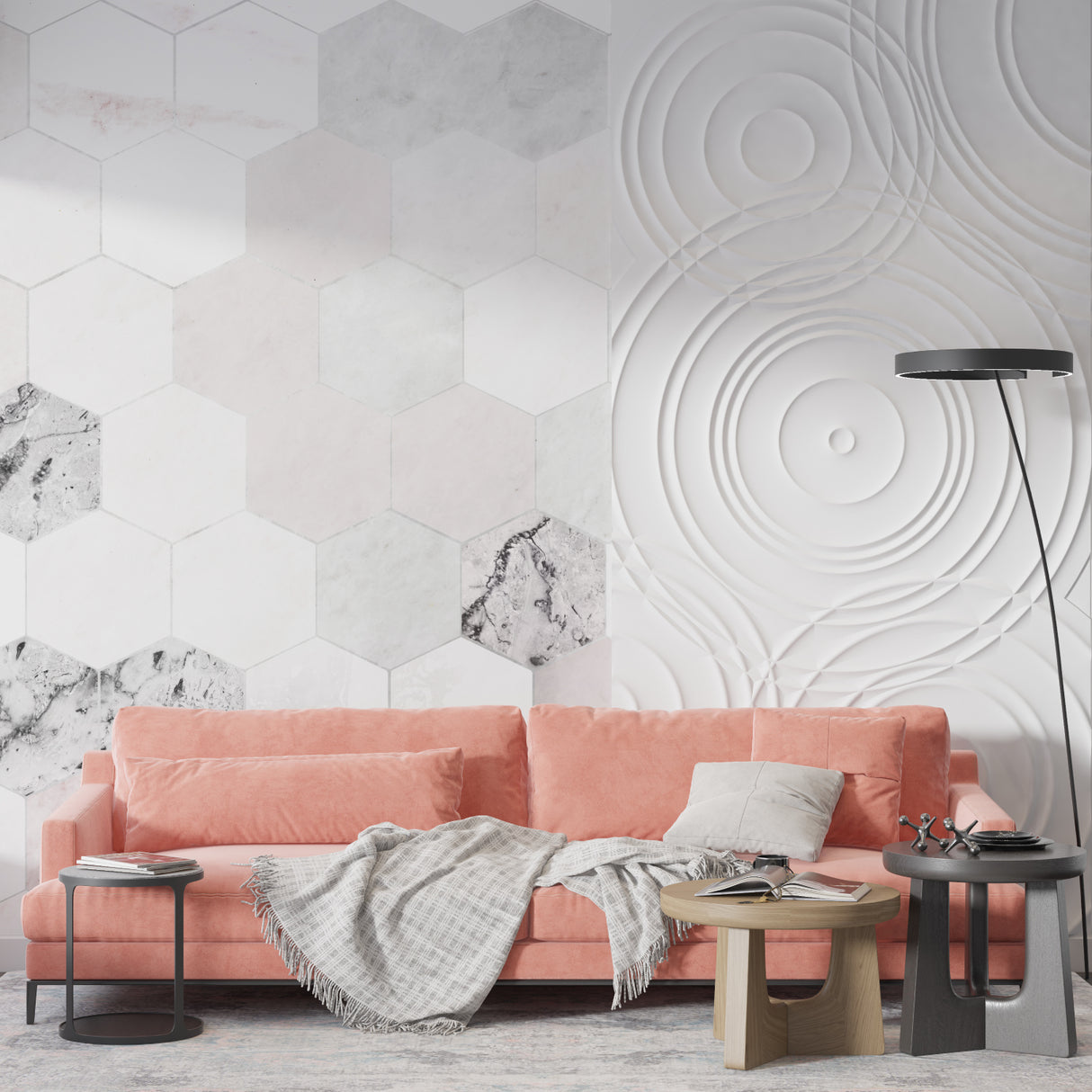 Modern Geometric Wallpaper in bright living room showing hexagon marble pattern against white sofa