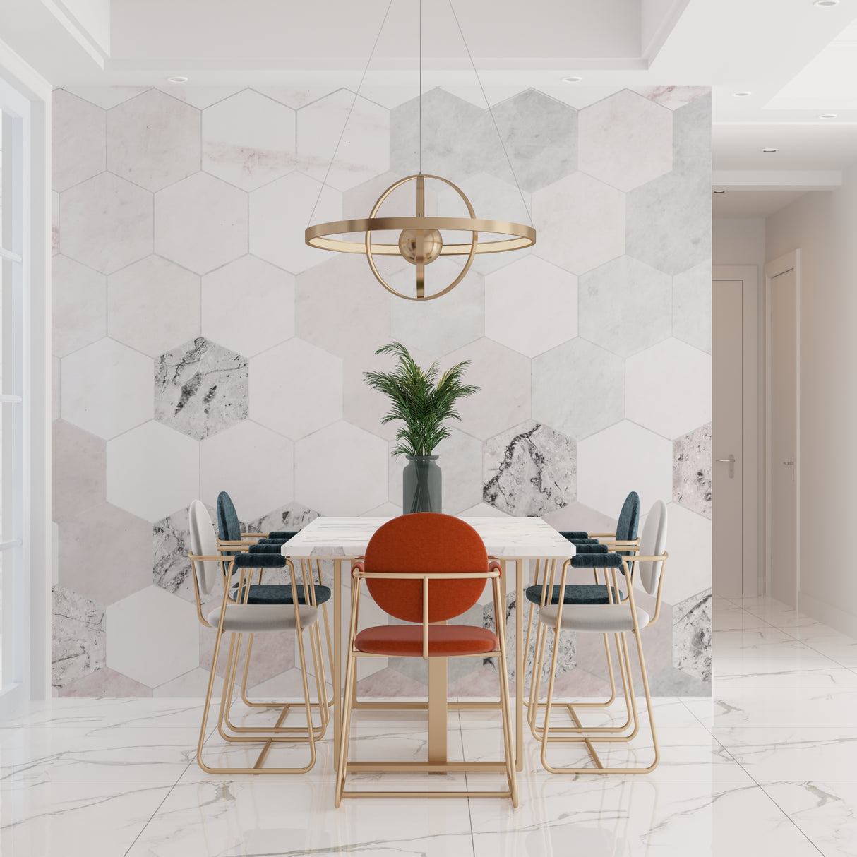 Hexagon Marble Wallpaper in minimal dining room with natural lighting