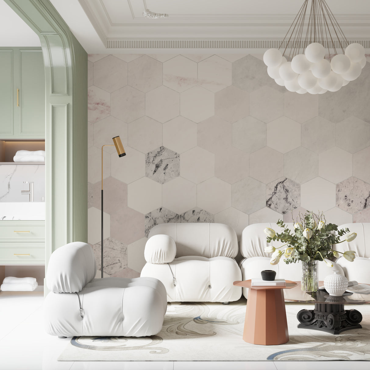 Modern Marble Wallpaper creating focal point in contemporary home office