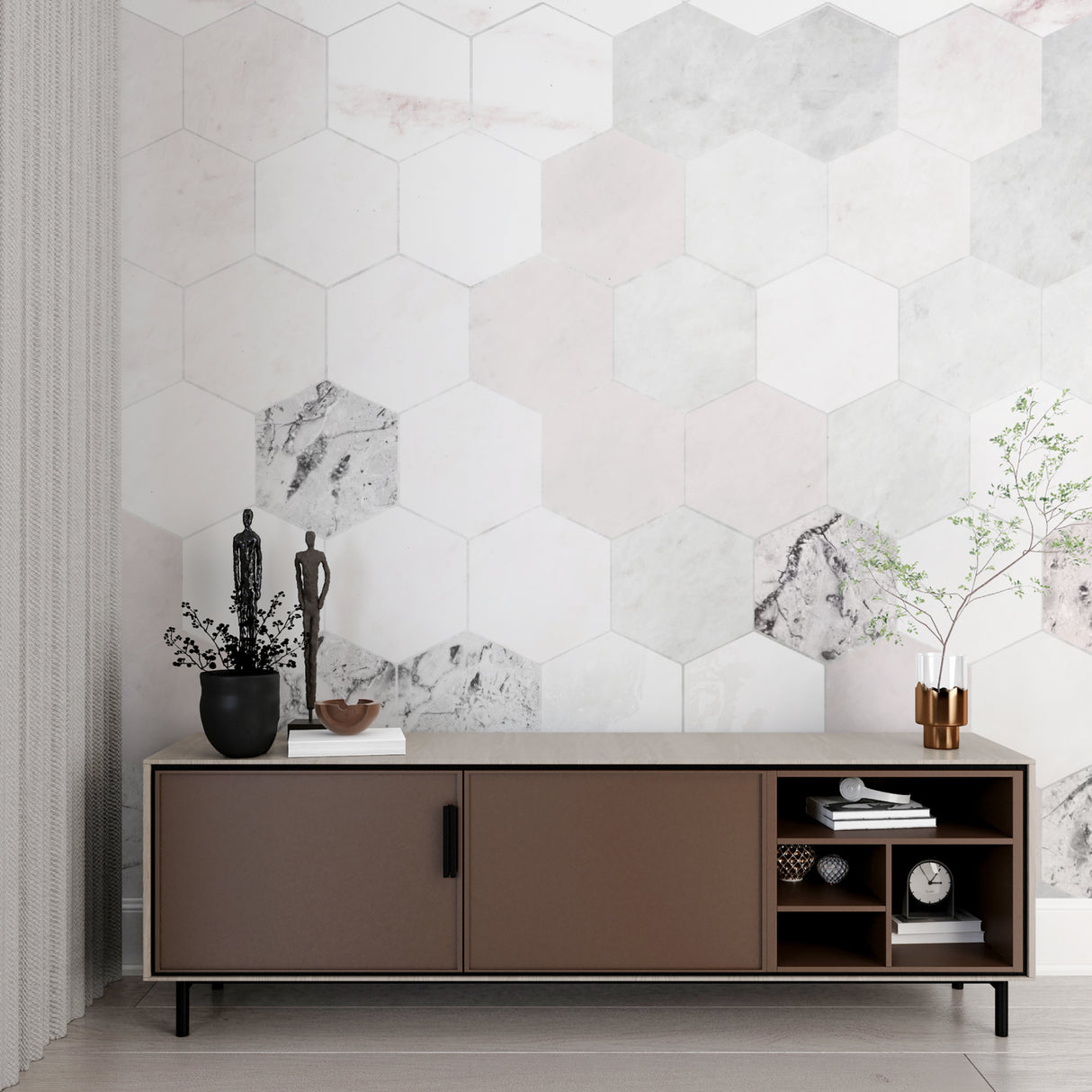 Hexagon Wall Mural in master bedroom highlighting clean modern design