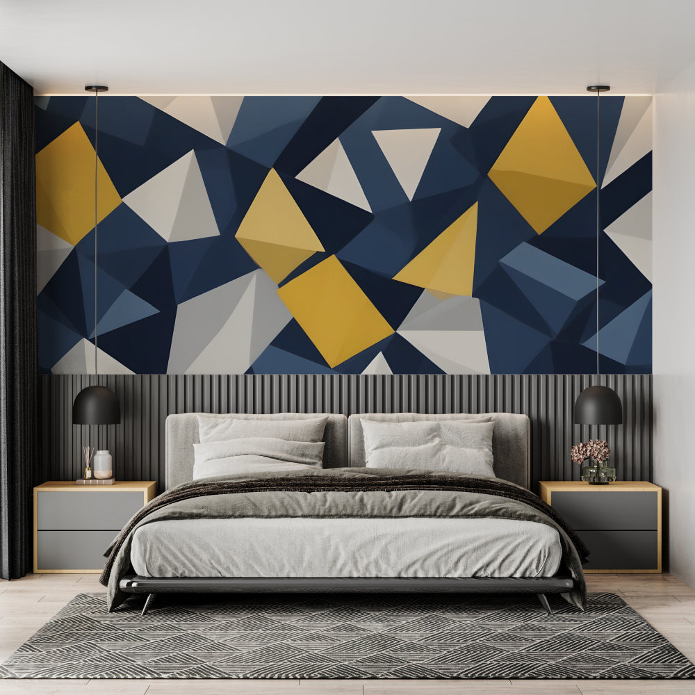 Modern geometric wallpaper in navy and gold creating depth in a minimal living room setting