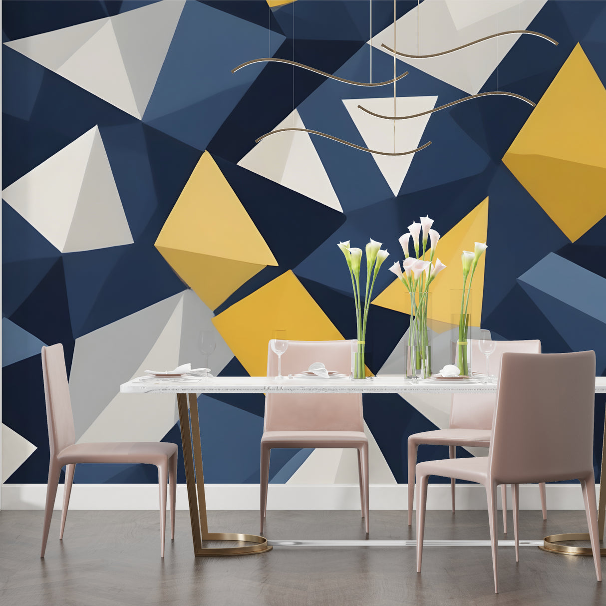 Geometric wall mural featuring navy and gold shapes in a contemporary office space