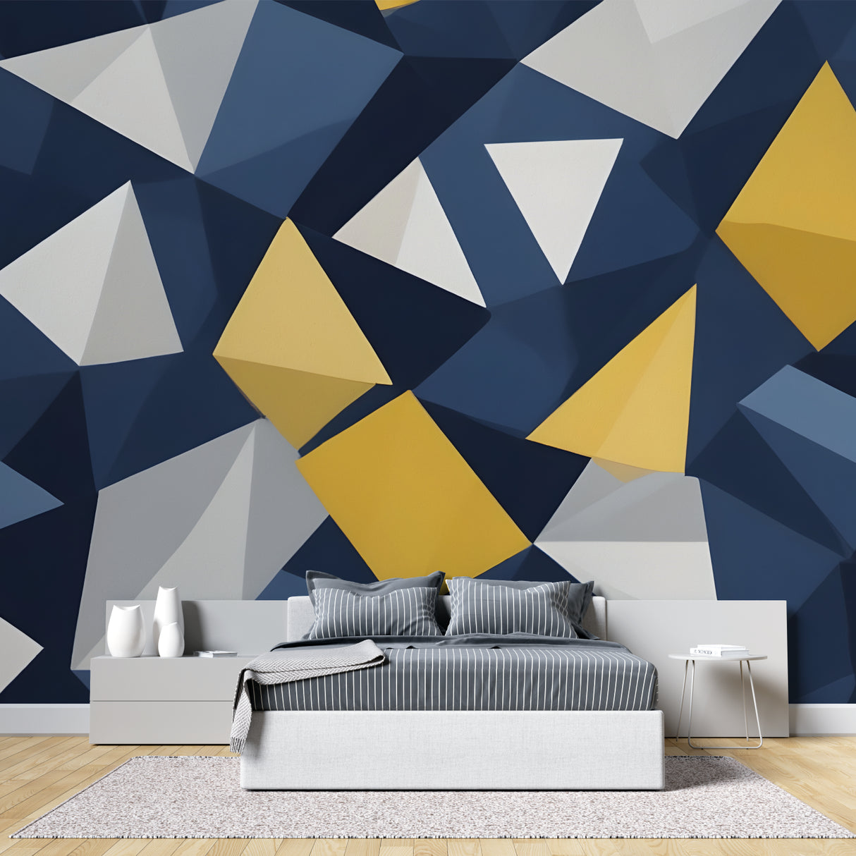 Abstract geometric design transforming a modern home office with navy and gold tones