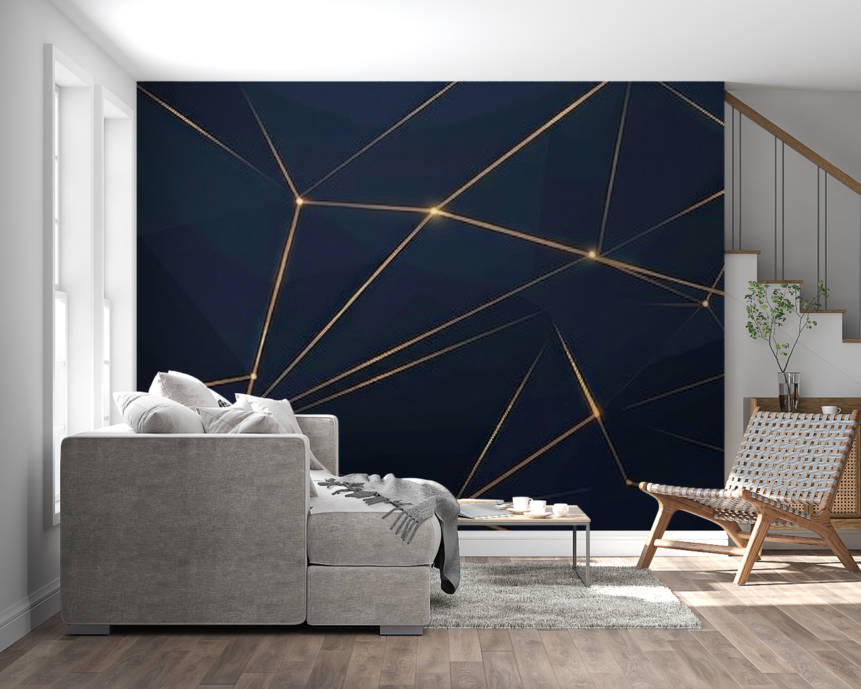 Hotel lobby style entrance with modern geometric navy and gold wall design