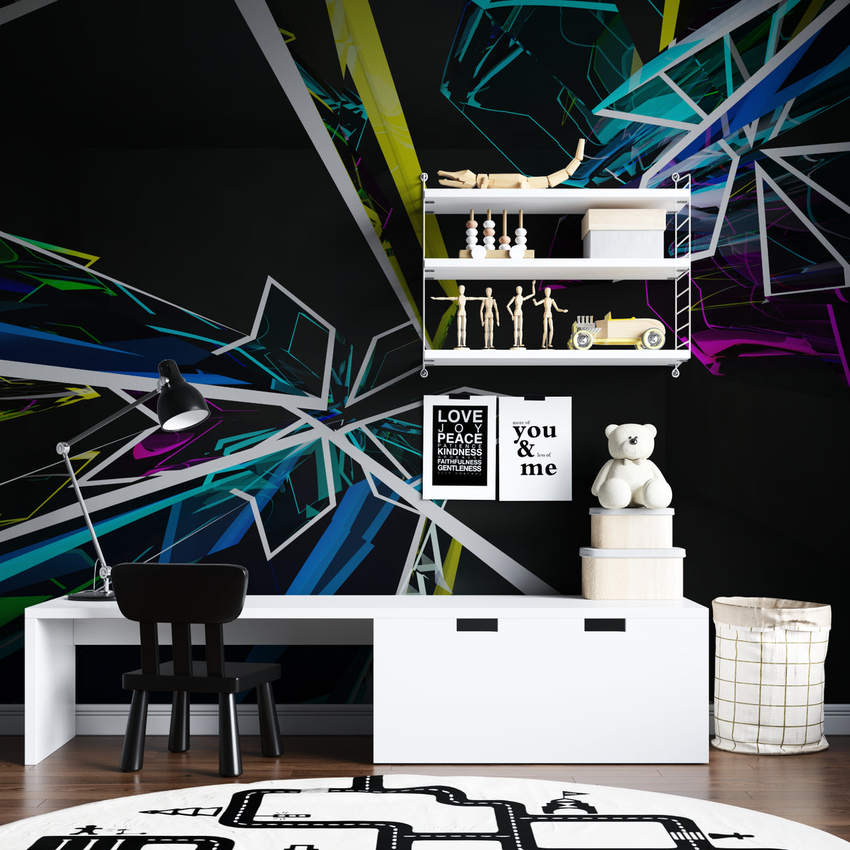 Modern geometric neon wallpaper brightening a minimalist living room with dramatic lighting effects