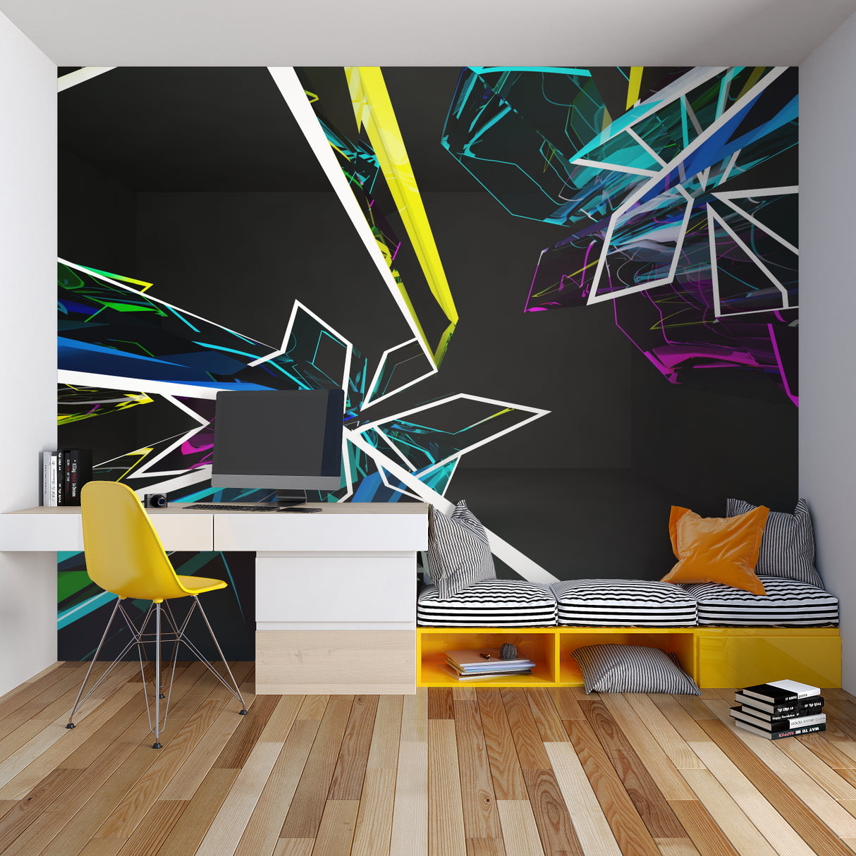 Geometric abstract wall mural creating depth in a contemporary office space