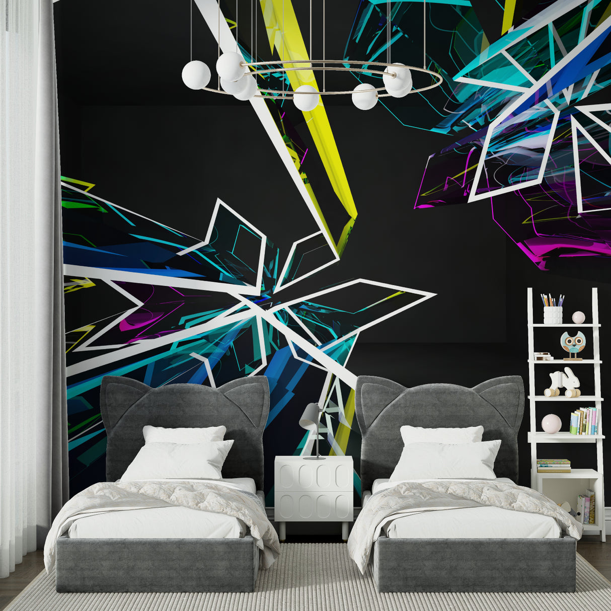 Neon geometric pattern wallpaper making a bold statement in an urban bedroom