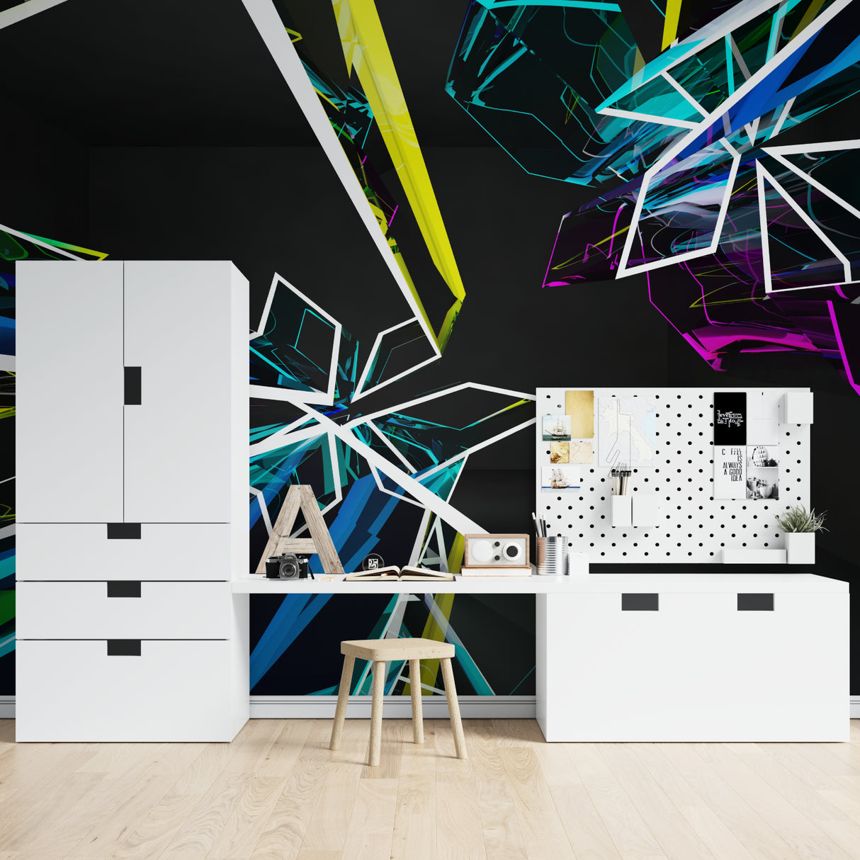3D geometric wallpaper transforming a gaming room with vibrant neon accents