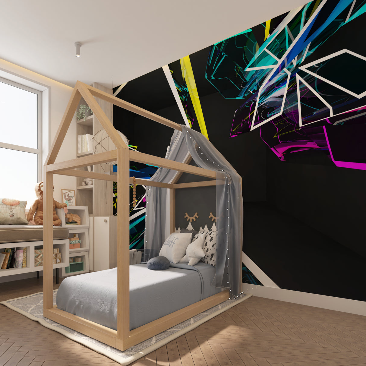 Abstract neon wall mural enhancing a modern restaurant interior