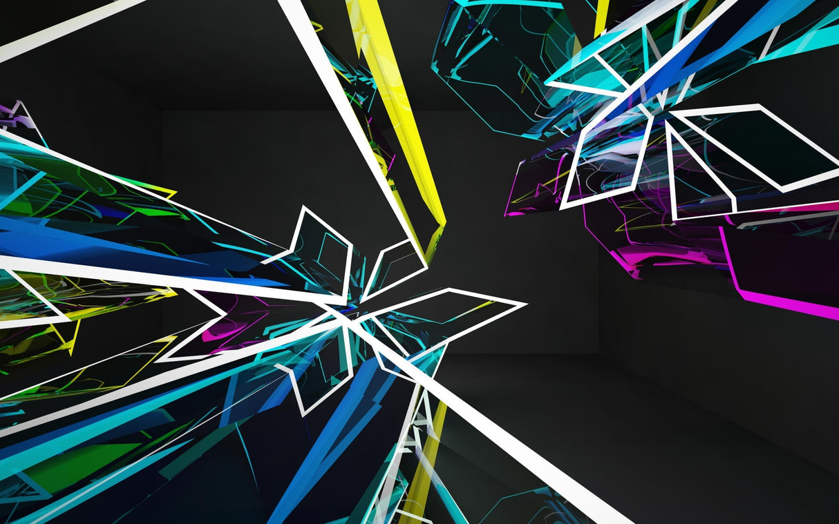 Design file showing detailed geometric pattern with neon elements on black background