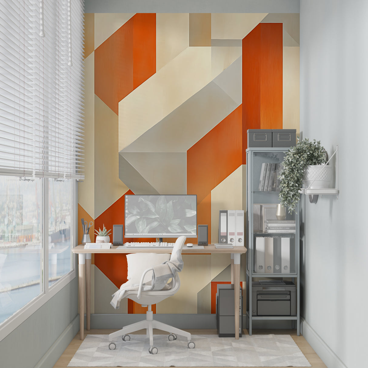 Modern geometric wallpaper in bright living room setting with orange and beige tones