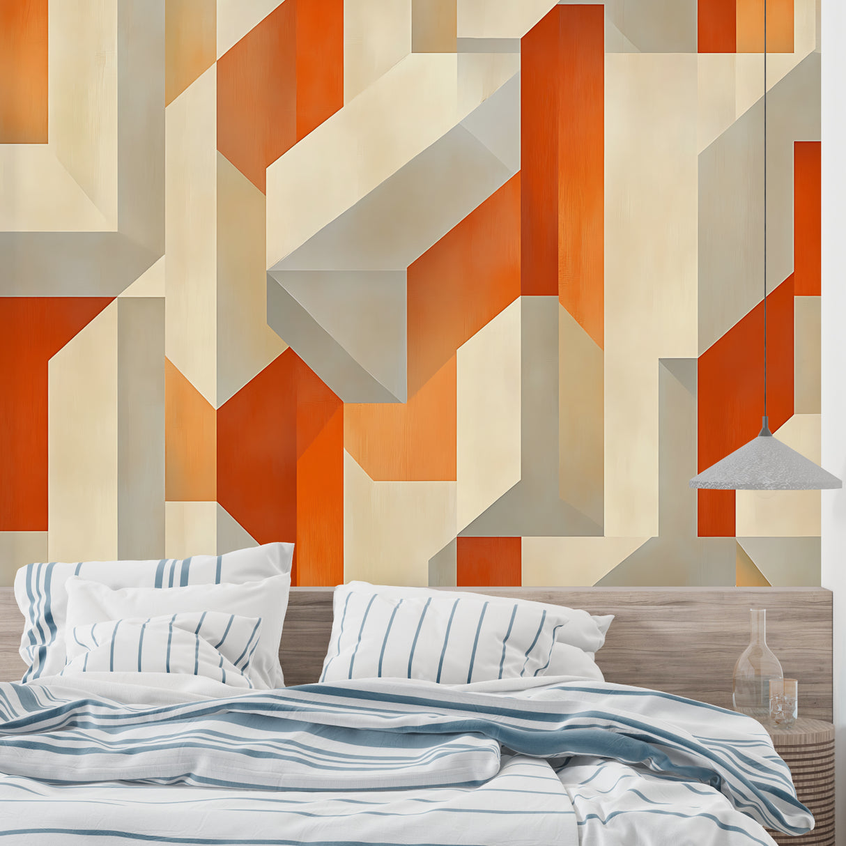 Geometric wall mural in home office with modern furniture and natural light