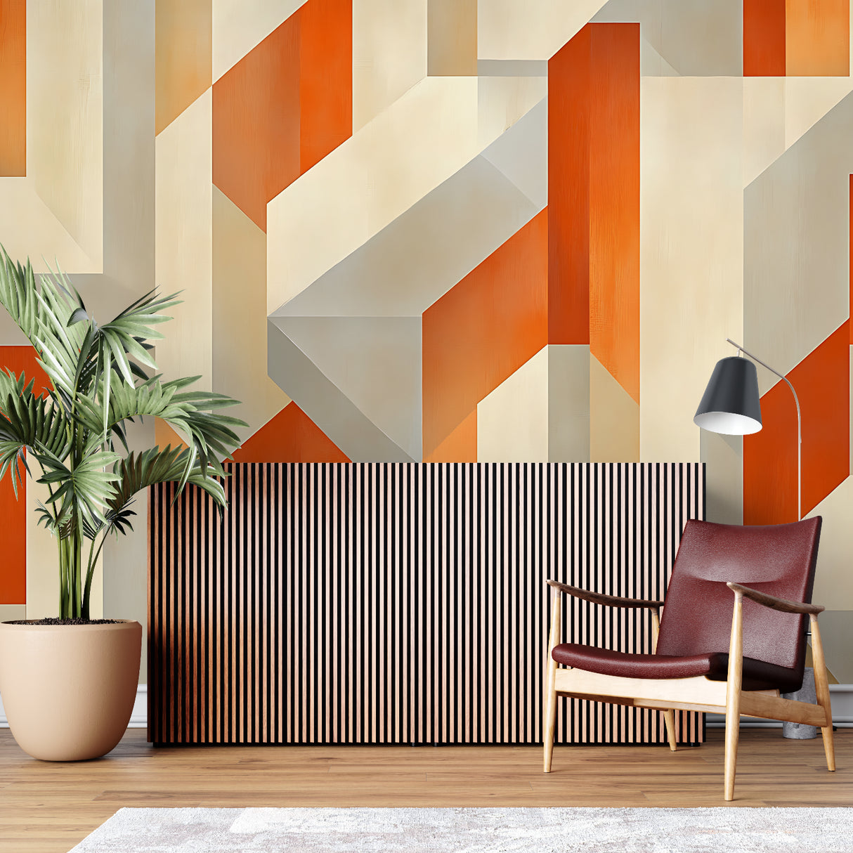 Modern orange and beige geometric wallpaper in minimalist bedroom setting