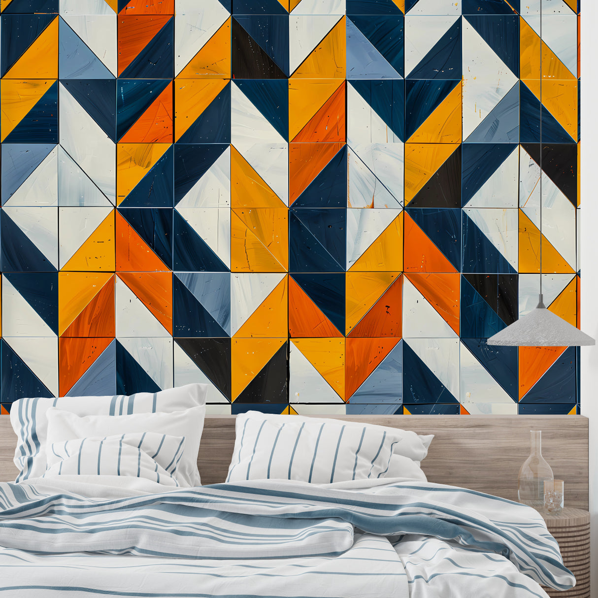 Modern geometric wallpaper in bright living room with orange and navy triangles creating depth