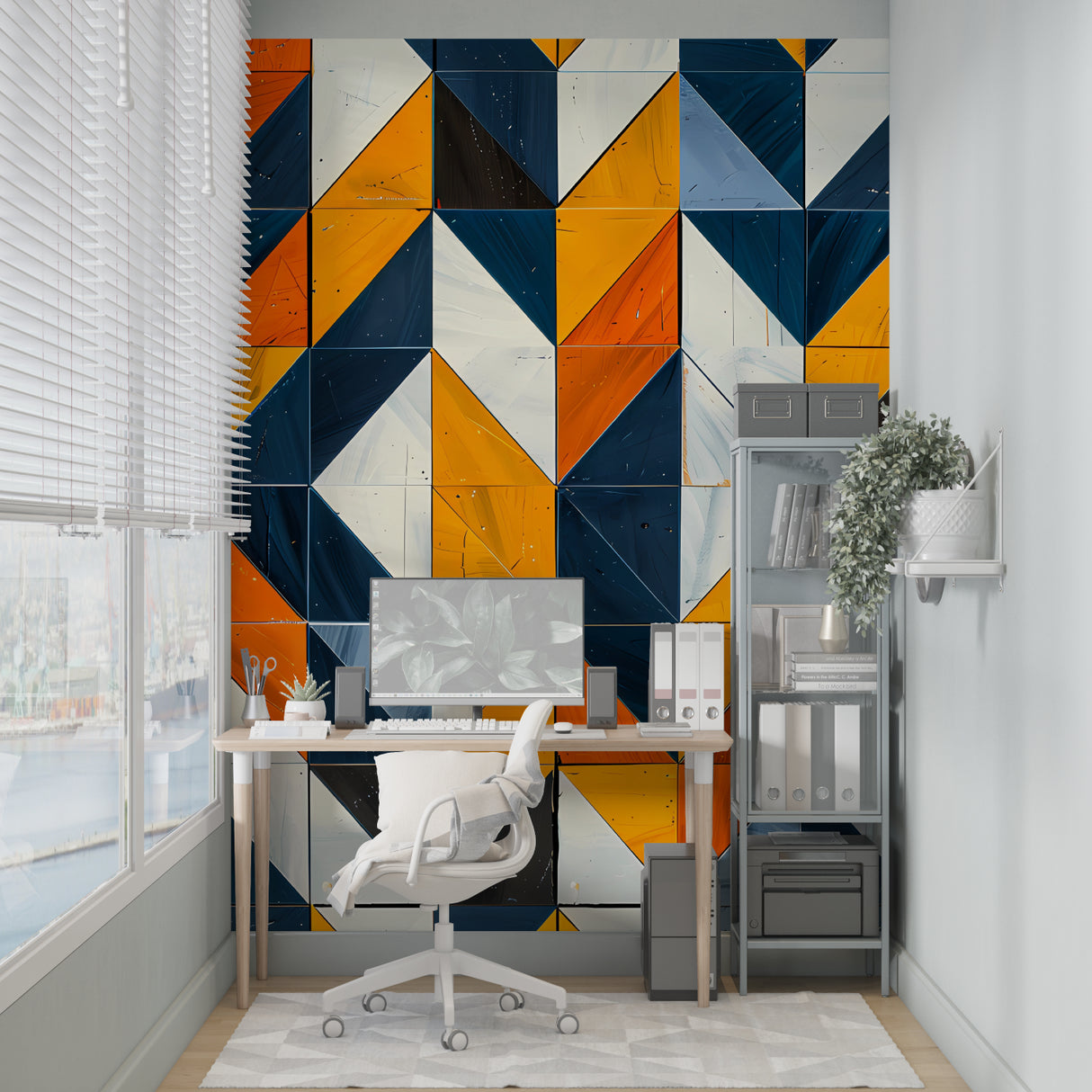 Geometric triangle wallpaper making statement in minimalist home office space