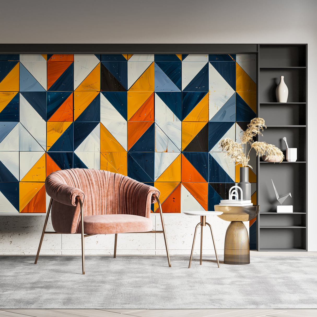 Bold geometric wall mural bringing energy to modern hallway design
