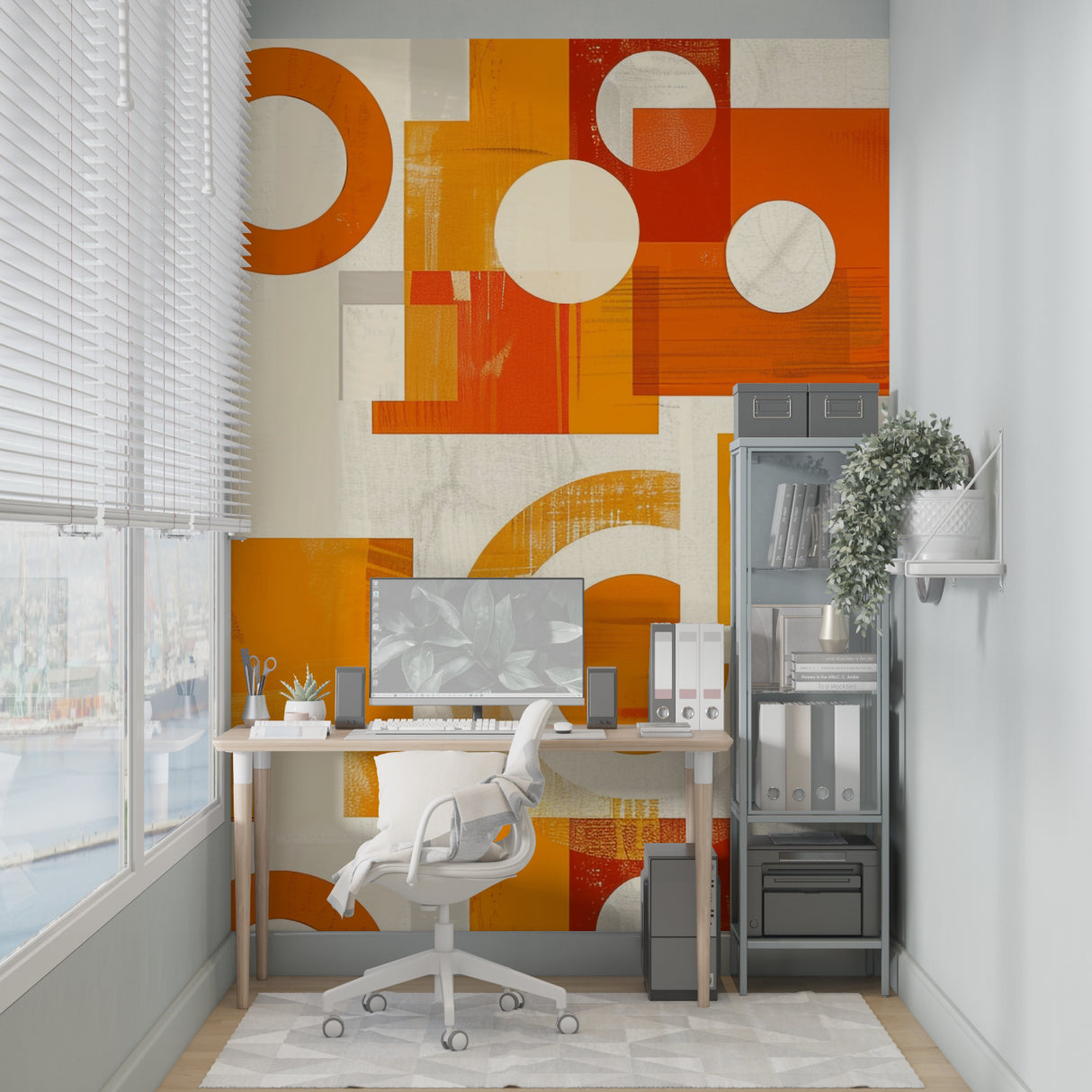 Orange geometric wall mural creating stunning focal point in minimalist home office