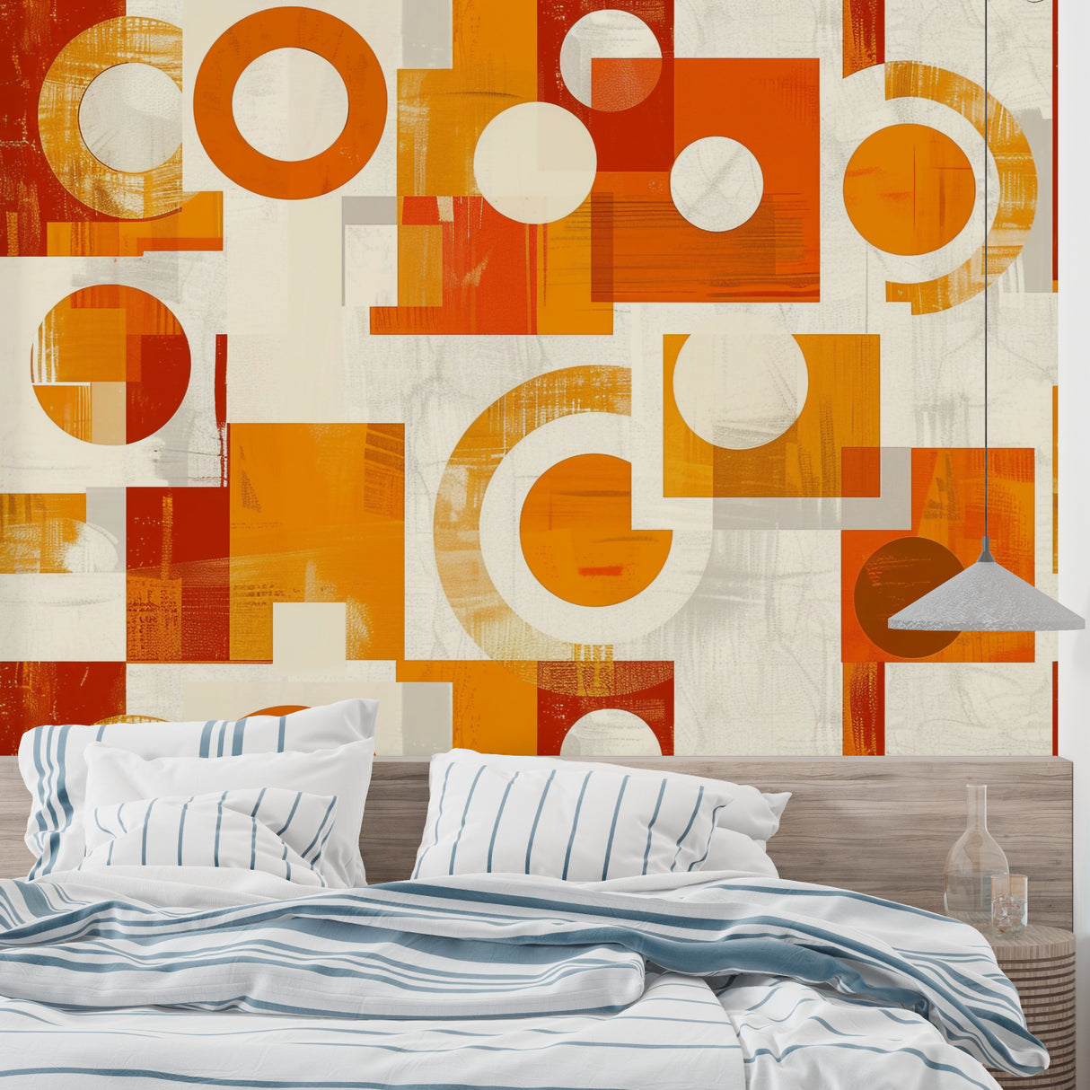 Mid-century modern inspired geometric wallpaper in stylish living area