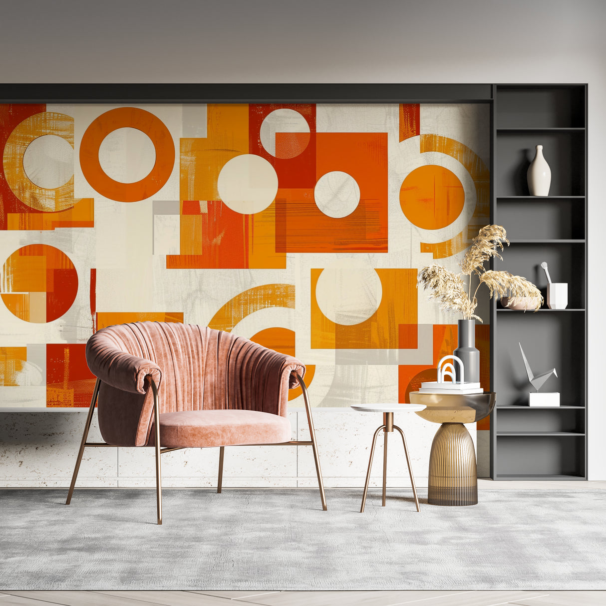 Orange geometric wall mural creating a focal point in a contemporary home office setup