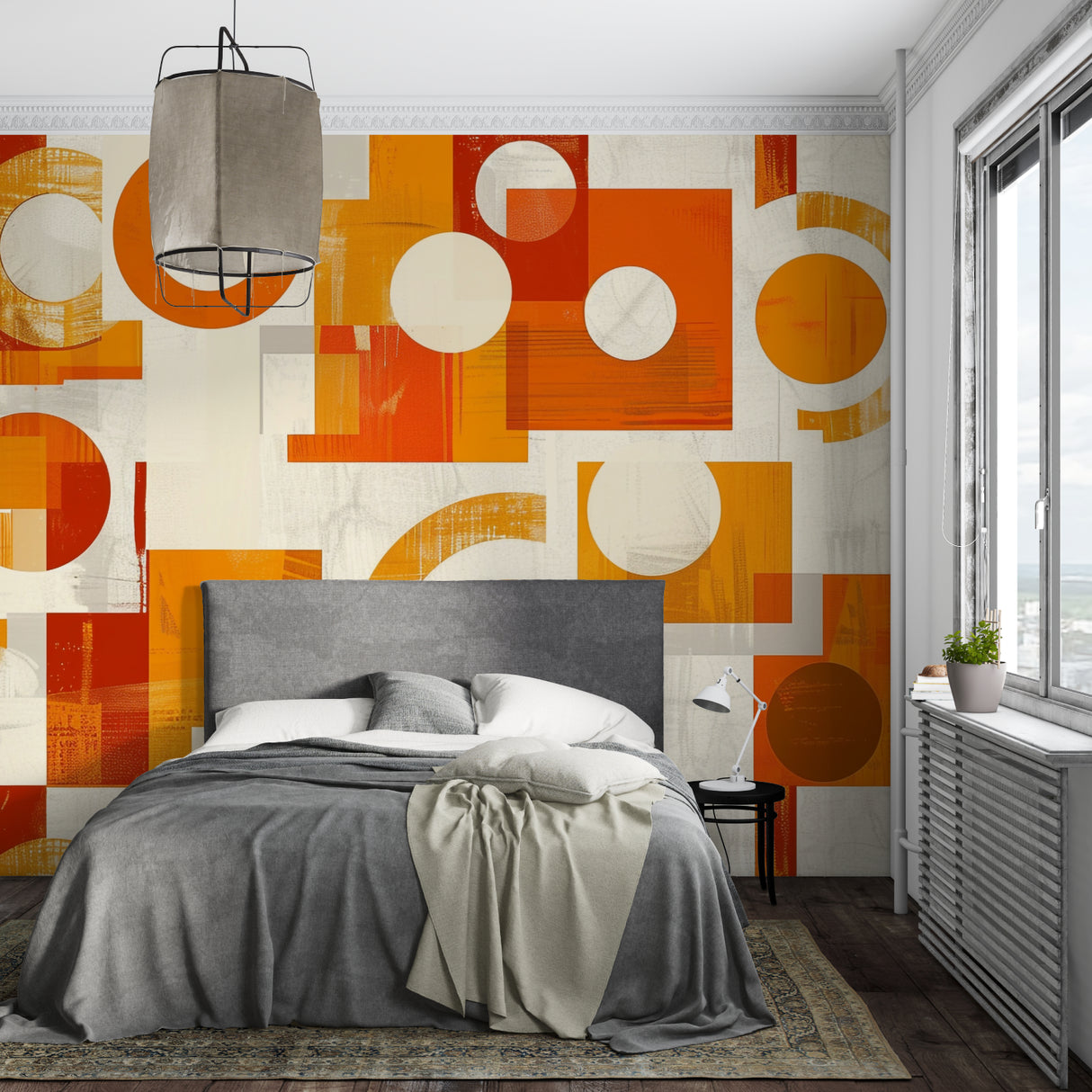 Geometric pattern wallpaper transforming a modern hallway with warm orange tones