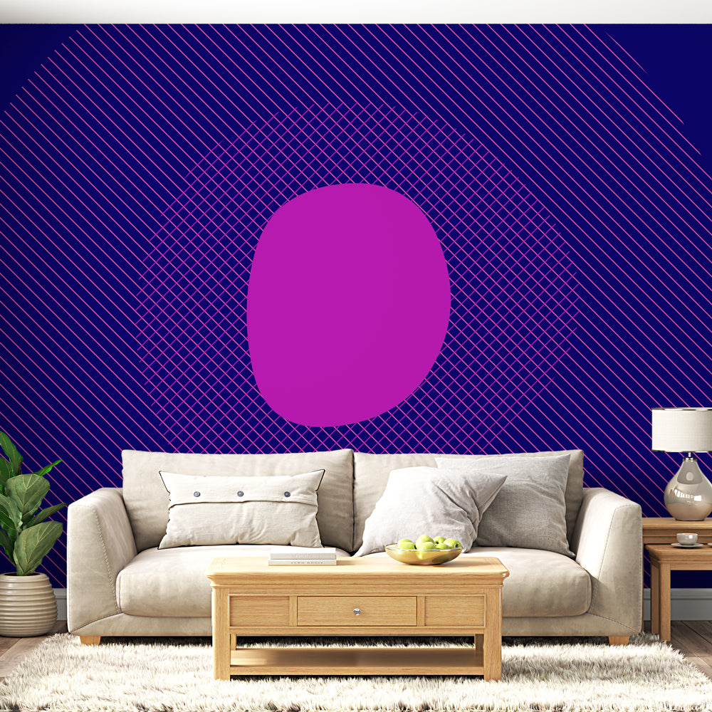Modern purple geometric wallpaper mural displayed in a minimalist home office with clean white furniture