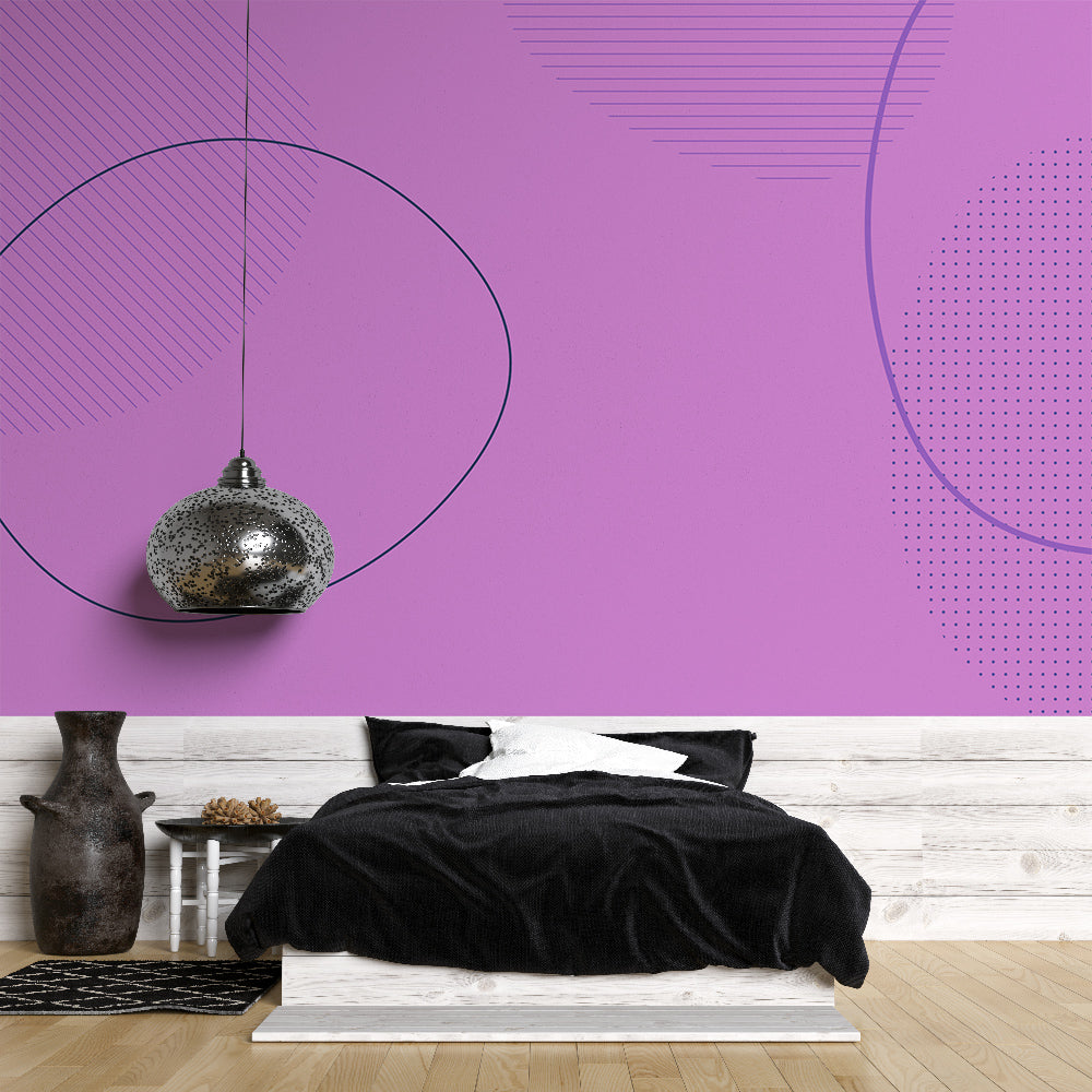 Modern purple geometric wallpaper mural creating depth in a minimalist living room with grey furniture