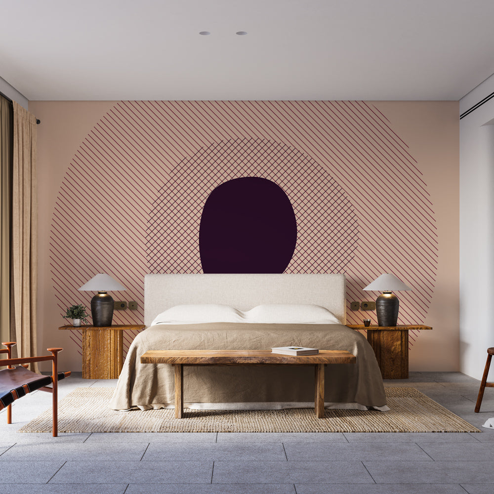 Modern purple geometric wallpaper in a minimalist living room with grey sofa and natural light