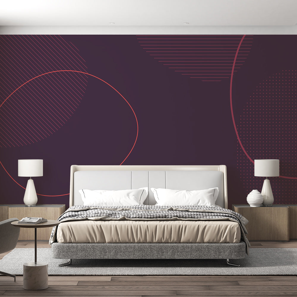 Modern purple geometric wallpaper with red lines showcased in a minimalist living room with natural lighting