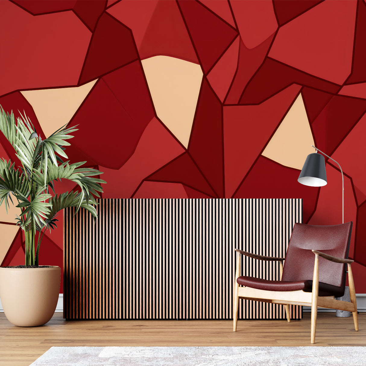 Modern geometric red wallpaper in a minimalist living room setting with sleek furniture