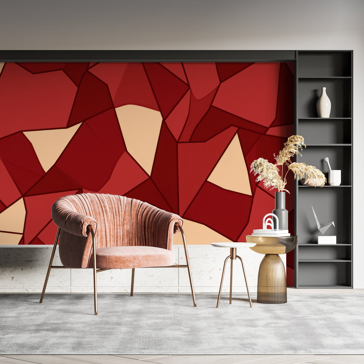 Contemporary home office featuring red geometric wallpaper with angular patterns