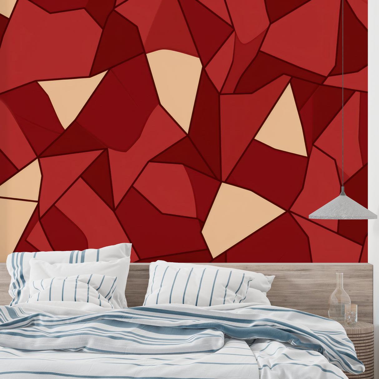 Red and beige geometric wallpaper creating depth in a modern dining space