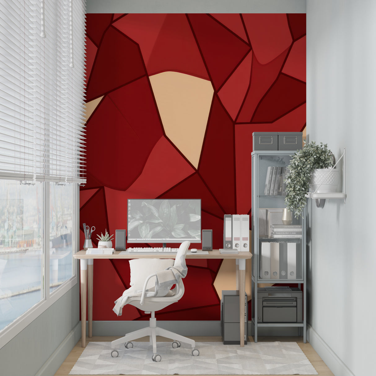 Bold red geometric wallpaper making a statement in a modern bedroom