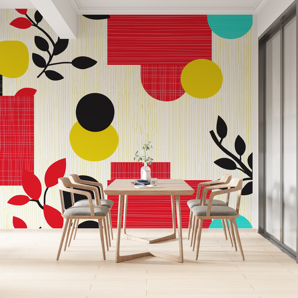 Modern Geometric Wallpaper creating a bold statement in a bright contemporary living room with red and yellow accents