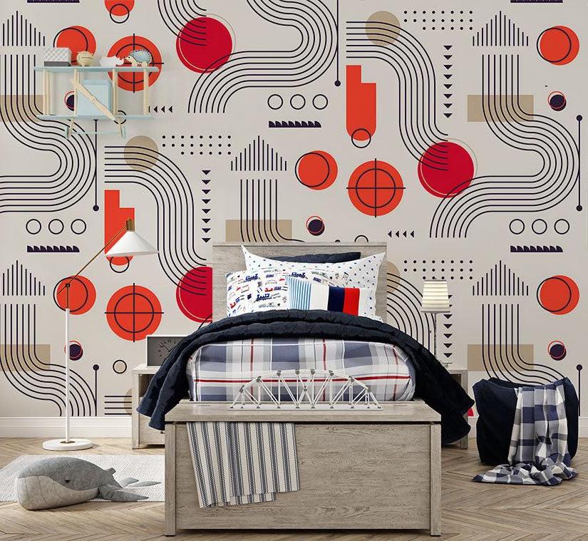 Modern geometric wallpaper with red circles pattern showcased in a bright, contemporary living room setting