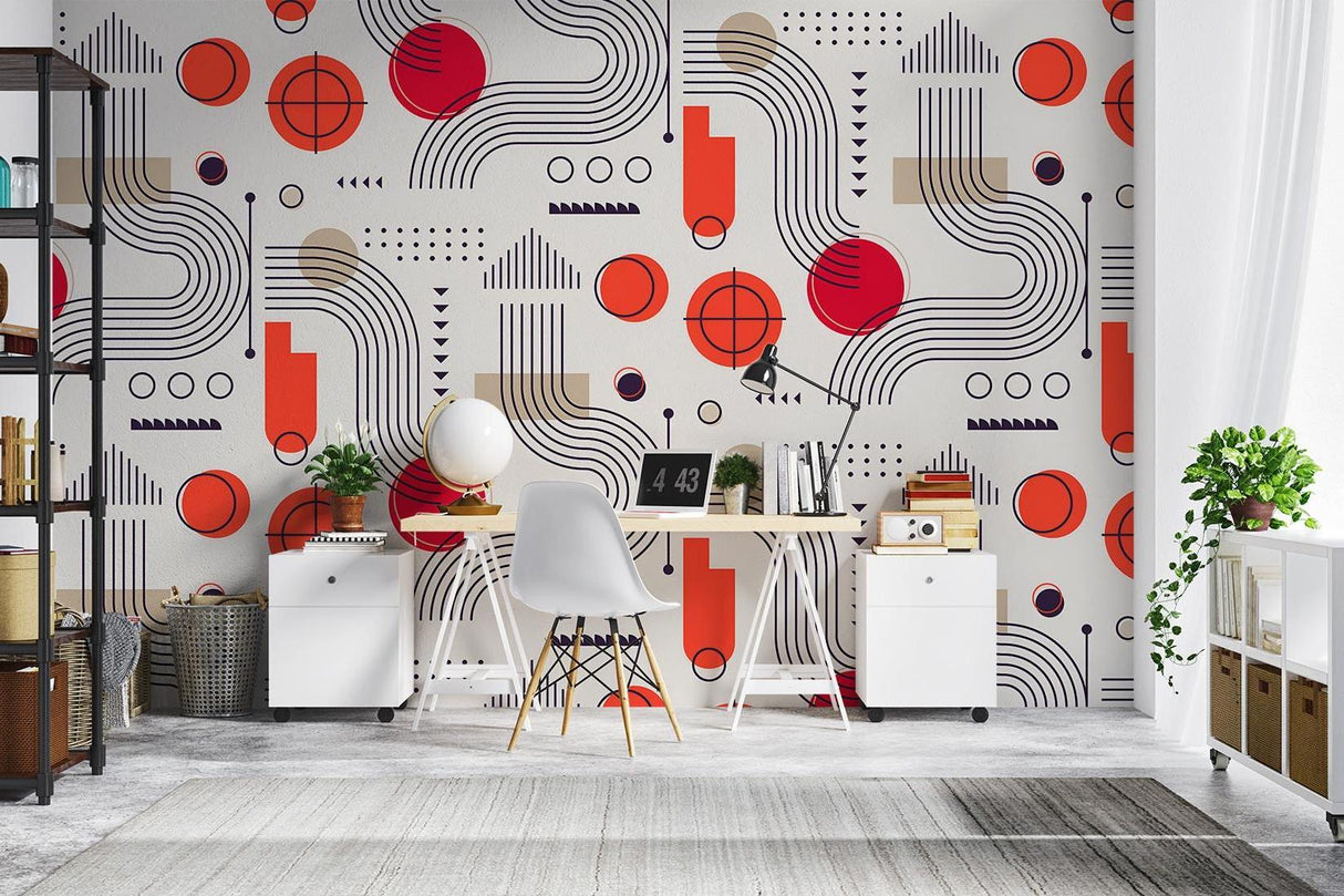 Red geometric pattern wall mural creating a stunning focal point in a minimalist home office space