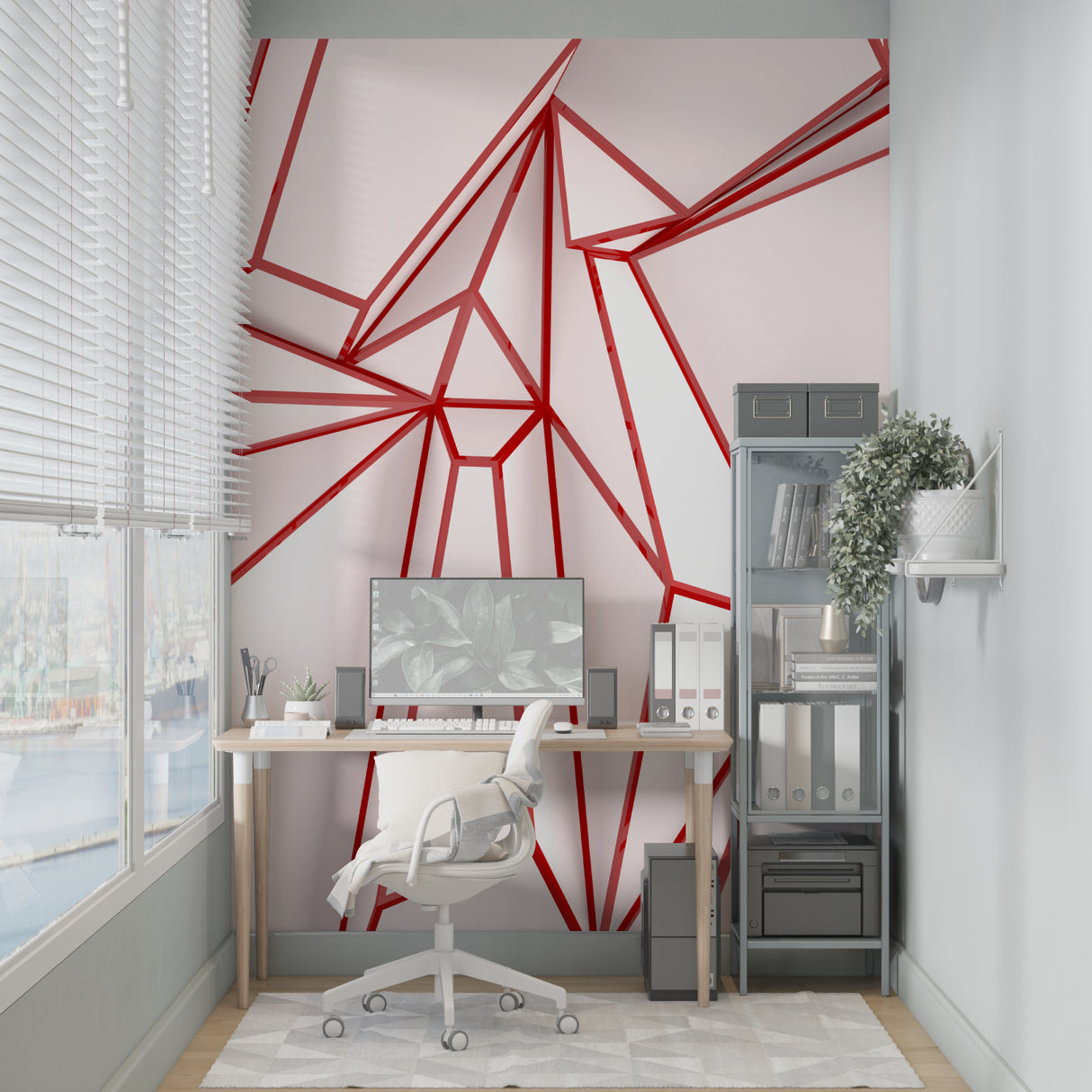 Modern geometric red line wallpaper in a minimalist living room with white sofa and natural light